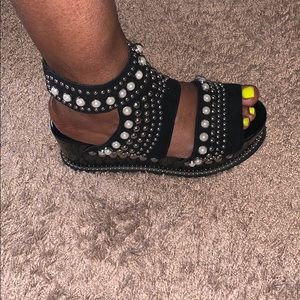 Black suede pearl and silver trimmed sandals